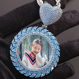 Hip Hop Personalisierte kundenspezifische Kupfer eingelegtes Meerblauer Zirkon rund diy kreative Foto Halskette