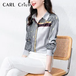 Carl Crius 2023 Plus Boyut POLKA NOT SATIN İMTİSTİK İpek Kontrast Gömlek Uzun Kollu Gevşek Tasarım Çok Yönlü Top 240419