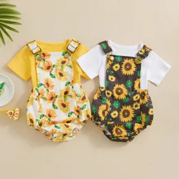 Kleidung Sets Baby Girl 2 Stück Sommer Kurzarm Rippes Tops Sonnenblumenabdruck Verstellbare Overalls Set Kleinkindoutfits