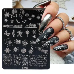 Konst vinter jul nagel stämplar plattor snöflingor måne gåva kryck strumpa bild nagel stencils franska spets manikyrmallar sasw