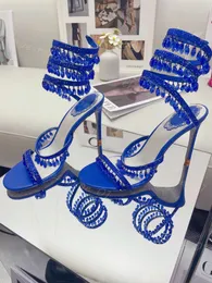 Rene Caovilla Margot Embellished Suede Sandals Cleo Designers Ankle Wraparound Women High Heeled Sandal Flower Rhinestone #01