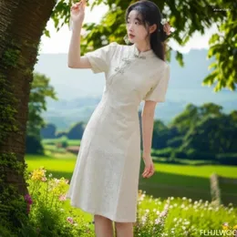 캐주얼 드레스 청즈 ​​삼모 중국 스타일의 chi-pao 칼라 프랑스 디자인 여성 멍청이 2024 여름 레트로 빈티지 버튼 화이트 셔츠 드레스