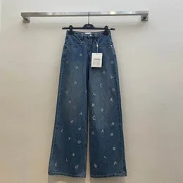 Calça feminina de grife 2024 Moda Blue Color Wide Ponta de perna larga Mulheres moda calças retas de cintura alta