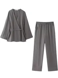 Willshela Women Fashion Two Piece Set Grey Lace su cappotti sciolti pantaloni in vita ad alto elastico vintage Feamle Chic Lady Pants Set 240410
