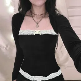 Fairycore Lace Trim Suqare There T-Shirt الكورية الجرونج الأكمام الطويلة النحيف Tees Cottage Y2K جمالية الحليب الرجعية أعلى محصول 240416