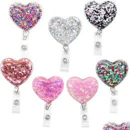 Key Rings 10 Pcs/Lot Fashion Office Supply Shine Heart Shape Id Name Card Holder Retractable Badge Reels For Nurse Doctor Work Drop Dhwff