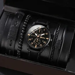 Relógios de punho 4/1pcs Relógios Conjunto de moda de luxo relógio de couro de quartzo assistir relógio presente Montre Homme Relogio Masculinono Box 240423