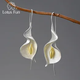 Lotus Fun 18k Gold Long pendurado Calla Lily Flor Dangle Brincos para mulheres Real 925 Jóias finas de luxo de prata esterlina 240419