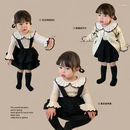 Clothing Sets 2024 Spring Baby Girls 3PCS Clothes Set Cotton Flared Sleeve Tops Strappy Puffy Skirts Knotbow Cardigan Suit Toddler Girl