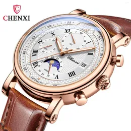 Нарученные часы Chenxi Fashion Men Смотреть кожаный водонепроницаемый кварцевый роскошный бизнес фазовый хронограф фазы