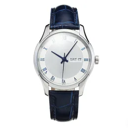 Man Assista automático Dial branco Disque Blue Leather Strap Strap Factory Movem