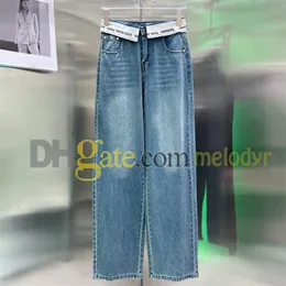 Designer jeans kvinnor raka byxor bokstäver webing löst denim byxor retro ljusblå långa jeanbyxor