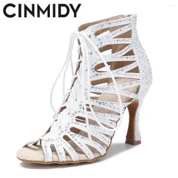 Buty taneczne Cinmidy Boots Women Hollow Out Rhinestone Latin Ballroom Standard impreza sandał wewnętrzny