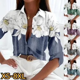 Camisa 2023 Primavera Summer Moda feminina Camisa Slim Single Brented Bloups Office Lady Turndown Collar Print Button Camisetas xs8xl