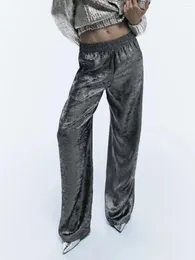 女性用パンツ2024キラキラバギーヴィンテージロング女性服プリーツハイウエストストレート女性シルバーホイルファッションズボン