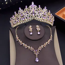 Necklaces Bridal Headwear Set Crown Necklace Earrings Purple Tiaras Suitable for Women's Wedding Dress Birthday Bride Jewelry Set