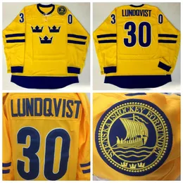 Kob 2014 TEAM SWEDEN Hockey Jerseys Mens 30 Henrik Lundqvist Vintage Yellow Stitched Jersey S-XXXL