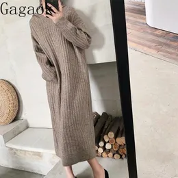 Lässige Kleider Gagaok Frauen Herbst Winter Winter Massives mit Kapuze verdickter langes Kleid über Kniemantel Unterlagen gestricktes Hemd Lose Vestidos