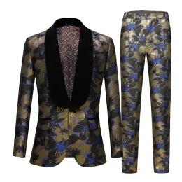 Jackor Navy Blue Floral Jacquard Prom Men Suits For Wedding 2 Piece Slim Fit Groom Tuxedo African Manlig modekostymjacka