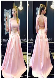 2019 vestidos de baile de cetim rosa de duas peças com pescoço bateau de manga longa, backless backless top marine bola bolsões de bolsos mais tamanho 9821022