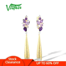 Brincos Vistoso Pure 14k 585 Brincos de ouro amarelos para mulheres Sparkling Amethyst Diamond White Topaz Brincos longos de moda de moda