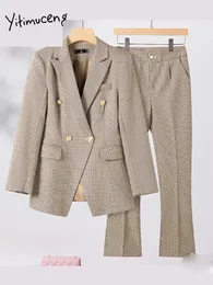 Yitimuceng Office Ladies Due pezzi Set Womens OutITS a doppio petto giù blazer per colletti blazer solidi pantaloni casual semi 240421