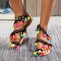 Hausschuhe Mode römisch Stil Frauen Sommer Quaste Color Slip am Flat Beach Open Toom atmabable Sandals Schuhe