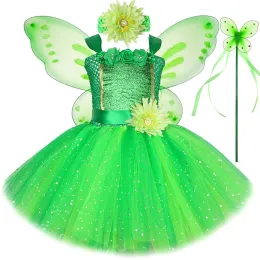 Uppsättningar Sparkly Green Fairy Princess Dresses For Girls Kids Christmas Halloween Costume Flow Girl Butterfly Tutu Outfit With Wings Set
