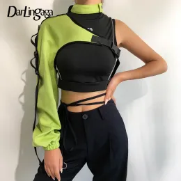 Sweatshirts Darlingaga Streetwear Neon Halter Sweatshirt Hoodie Buckle Reflective Smock One Shoulder Women's Sweatshirts Holographic Outwear