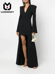 Повседневные платья LuxeEnvy 2024 Весна и осень V-образной рукав Flare Affice Front Opend Fashion Sexy Exted Women's Style Press