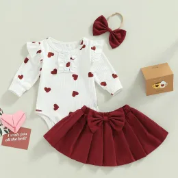 Uppsättningar Mababy 018m Valentine's Day Toddler Spädbarn Nyfödda Baby Girl Clothes Set Knit Heart Romper Bow Ruffle kjol Spring Outfits D01