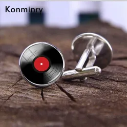 링크 Konminry 클래식 비닐 레코드 커프 단추 DJ for Men Retro Music Art CuffLinks 라운드 돔 유리 패션 남성 여성 보석