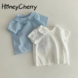 Hemden Honeycherry Summer Girl's Hemd Einfache süße und vielseitige kurze Ärmel lose Lampel -Top -Baby -Mädchenbluse