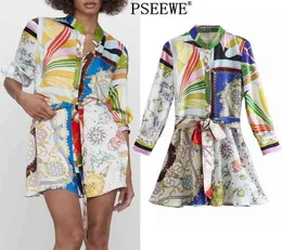 Pseewe Spring 2021 za nadruk mini koszulka Kobiety Kobiety Vintage Pas Krótki rękaw Krótka kobieta przycisk Up swobodne sukienki 2103246565183