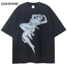 Vintage T-Shirt Streetwear Y2K Hip Hop Retro Roboter Grafikdruck gewaschener T-Shirt Harajuku Punk Gothic Lose Sommer Mode Tops 240412