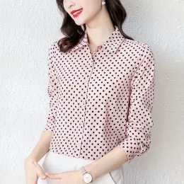 Polos Office Lady Polka Dot Printed Shirt Spring Summer Long Sleeve Korean Singlebreasted Female Clothing Casual PoloNeck Blouse New