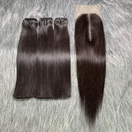Pacotes de cabelo humano reto de Wigs Lace Kim K Fechamento Virgin Vietnã Cabelo Rato Natureza Preto 15a Grau 3 Pacotes com Fechamento 300g