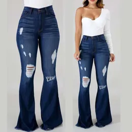 Calça de jeans perfurados altos e elásticos líquidos calças de cintura alta