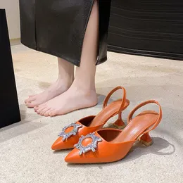 Summer High-heeled Pointed Rhinester Buckle Thin Hollow Fashion Shoes Solid Color Sandals Woman Designer Sandals 240423