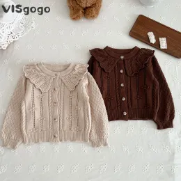 Camisolas visgogo 024 meses coreanos meninas de malha de malha Cardigan Sweater Doll Collar Crochet Button Fechigan Cardigan Outerwear
