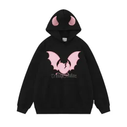 Polos hohe ästhetische bestickte Fledermaus -Top lose Langarmes Kapuze -Sweatshirt Devil Horn Paar Hoodie Y2K Kleidung Winteroutfits