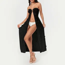 Sexy Mesh Sheer Beach Cover Up Boho Bikini Kleid Blume verziert auf durchsichtiger trägerloser Sommer Badeanzug Badeanzug Badeanzug