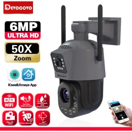 CAMERAS 6MP WiFi PTZ IP Camera IP Dual Lens Schermata Dual Schermo 50X 30x Zoom Rilevamento umano Wireless Surveillance Camera 2K 2K