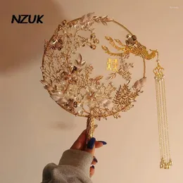 Wedding Flowers NZUK Gold Chinese Bridal Fan Tranditional Red Phoenix Pearl Beaded Luxury Tassel Type Bouquet Accessories