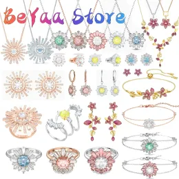 Strands Gema 520 med logotyp Sunshine Original Luxury Shining Crystal Daisy Earrings Halsband Armband Ring Fine Smycken Set For Women