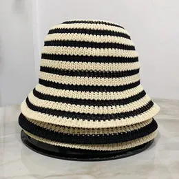 Berets Striped Woven Women Sun Hat Spring Summer Korean Fashion Bucket Cap Female Foldable Outdoor Travel Fishmen Panama