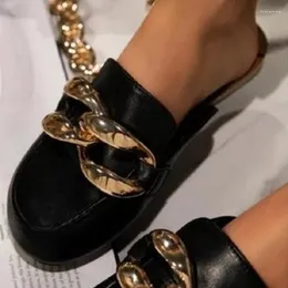 Casual Shoes 2024 Baotou Flat Sandals Womens Luxury Cork Slippers Flip-Flops Metal Chain Large Size 43 Ladies