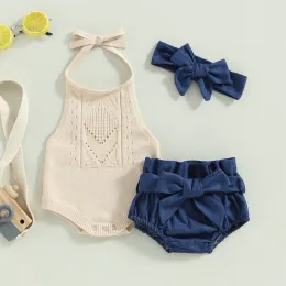 Sets Citgeett Summer Infant Baby Girl Outfit Solid Color Halter Neck Knit Sweater Romper Denim Shorts Belt Headband Clothes Set