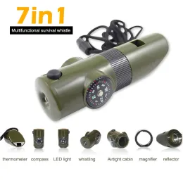 Compass 7in1 طوارئ البقاء على قيد الحياة صافرة البوصلة متعددة الوظائف الأداة Machifier Flashlight حاوية حرارة الحاوية للتخييم المشي لمسافات طويلة