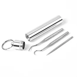 304 Portable Reusable Stainless Steel Toothpicks Metal Tooth Scraper Dental Picks Hooks Cleaning Kit with Toothpicks Holder